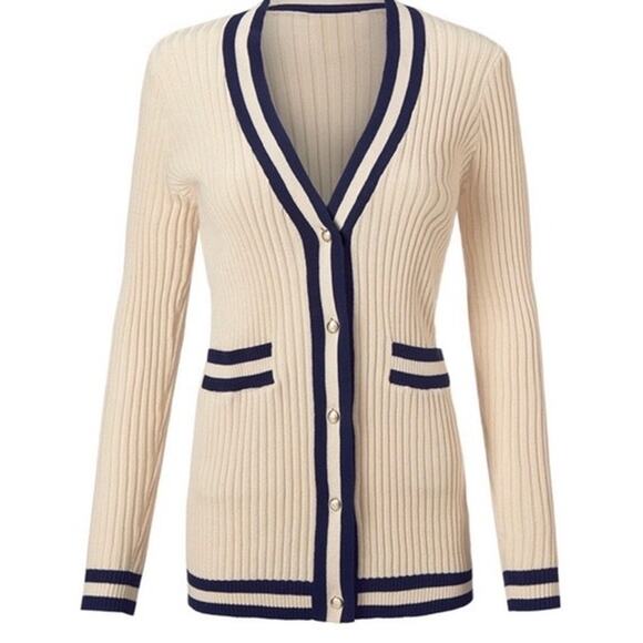 CAbi Radcliffe 5458 Varsity Stripe Cream Navy Button Front Cardigan Size Medium - Picture 1 of 12